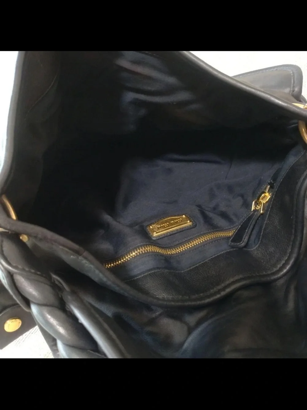 Miu Miu Black Ruched Leather Shoulder Bag with Gold Hardware